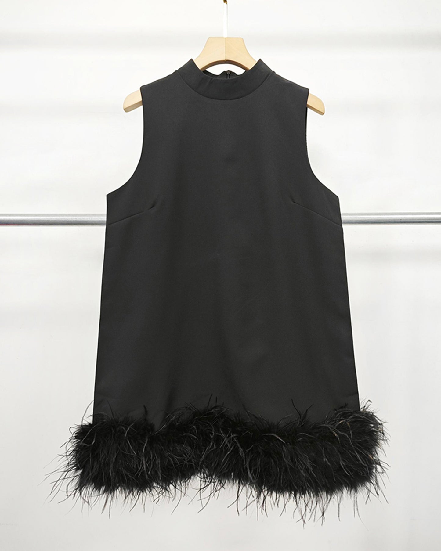 Black Sleeveless Turtleneck Dress with Feather Hem