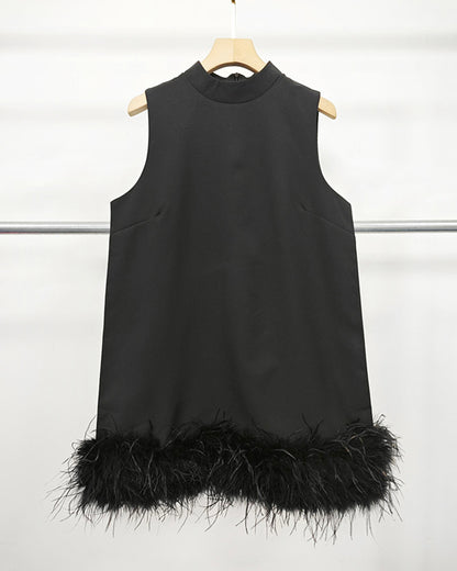 Black Sleeveless Turtleneck Dress with Feather Hem