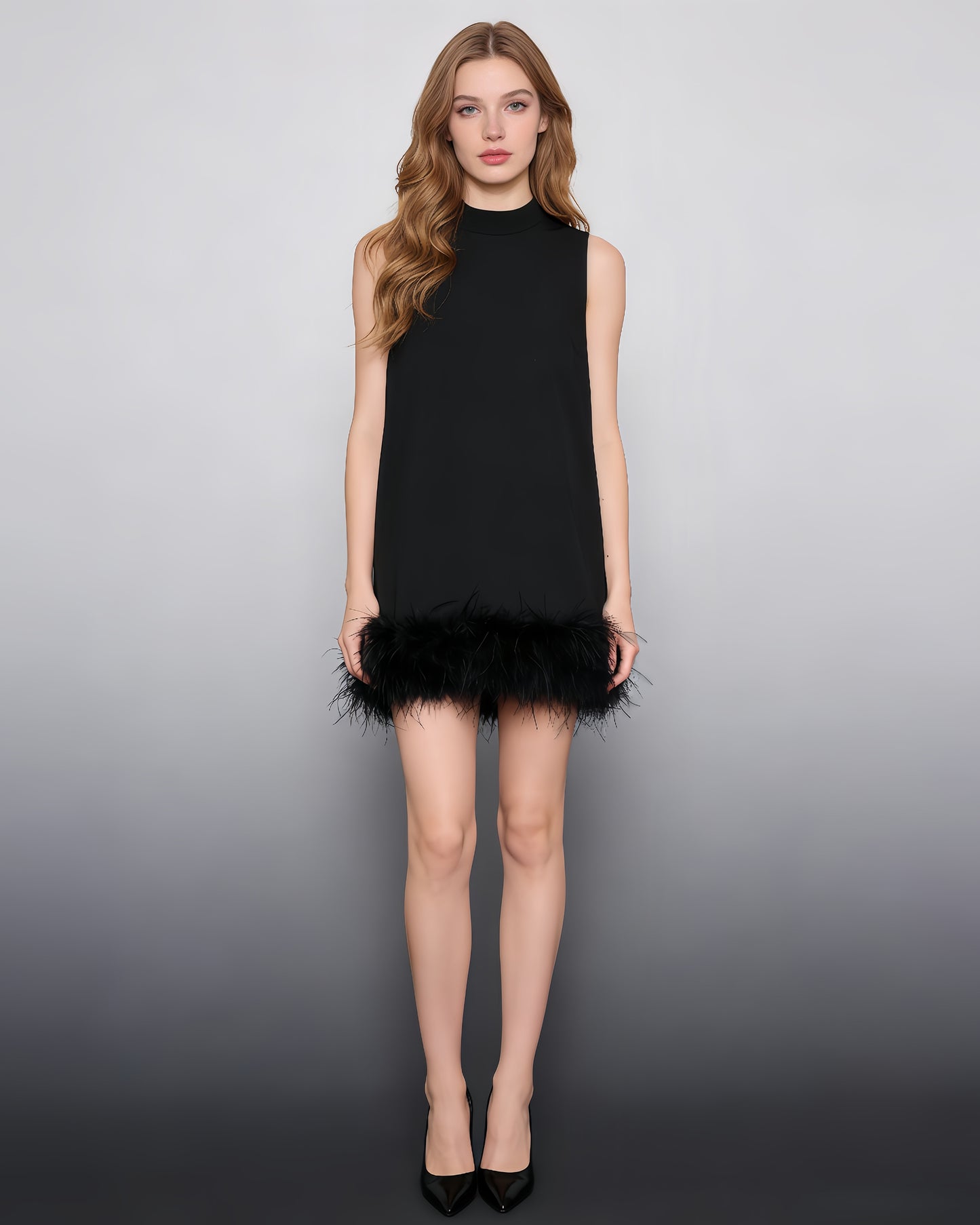 Black Sleeveless Turtleneck Dress with Feather Hem