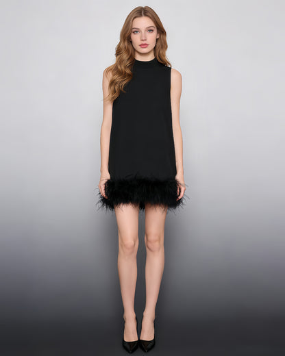 Black Sleeveless Turtleneck Dress with Feather Hem