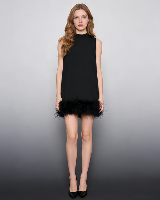 Black Sleeveless Turtleneck Dress with Feather Hem