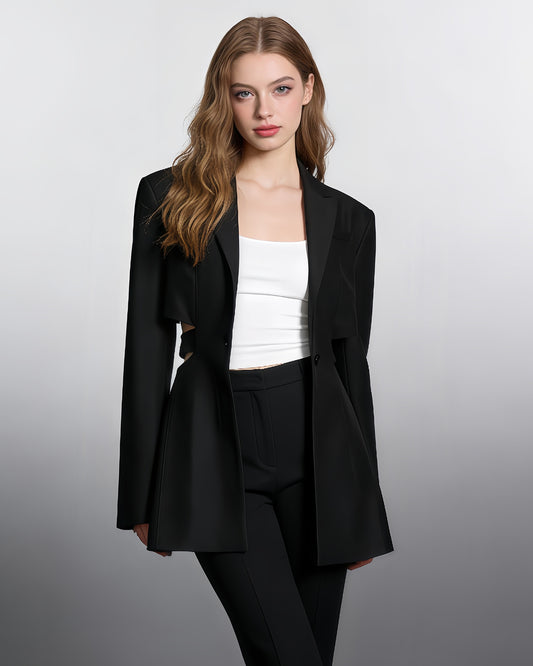 Black Solid Lapel Cutout Blazer