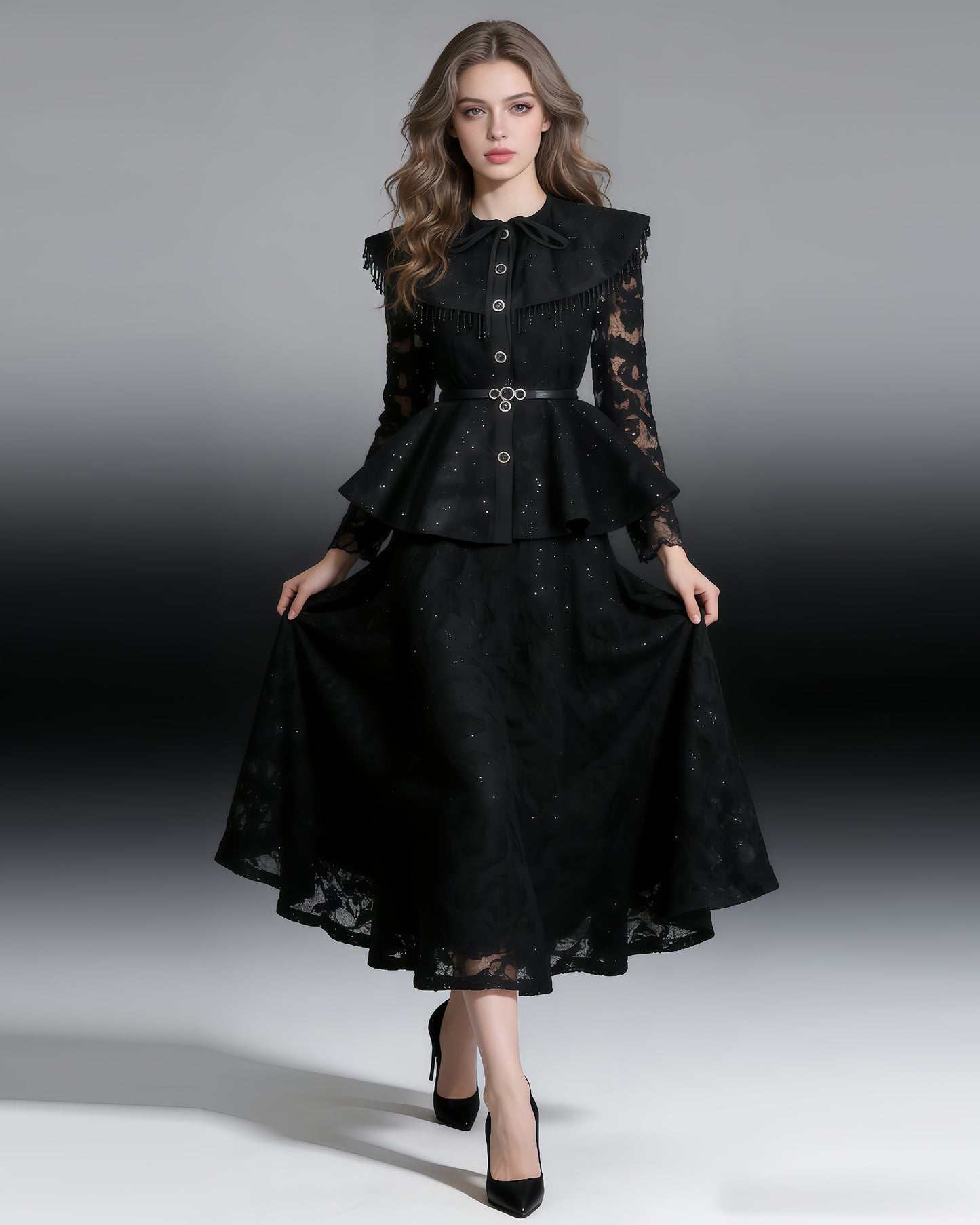 Black Sparkle Lace Peplum Skirt Set