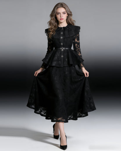 Black Sparkle Lace Peplum Skirt Set
