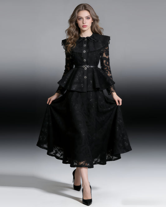 Black Sparkle Lace Peplum Skirt Set