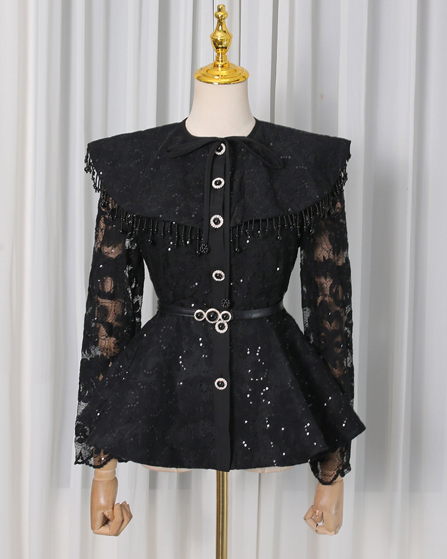 Black Sparkle Lace Peplum Skirt Set