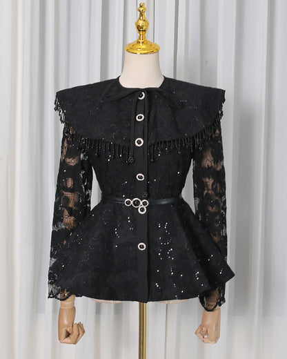 Black Sparkle Lace Peplum Skirt Set