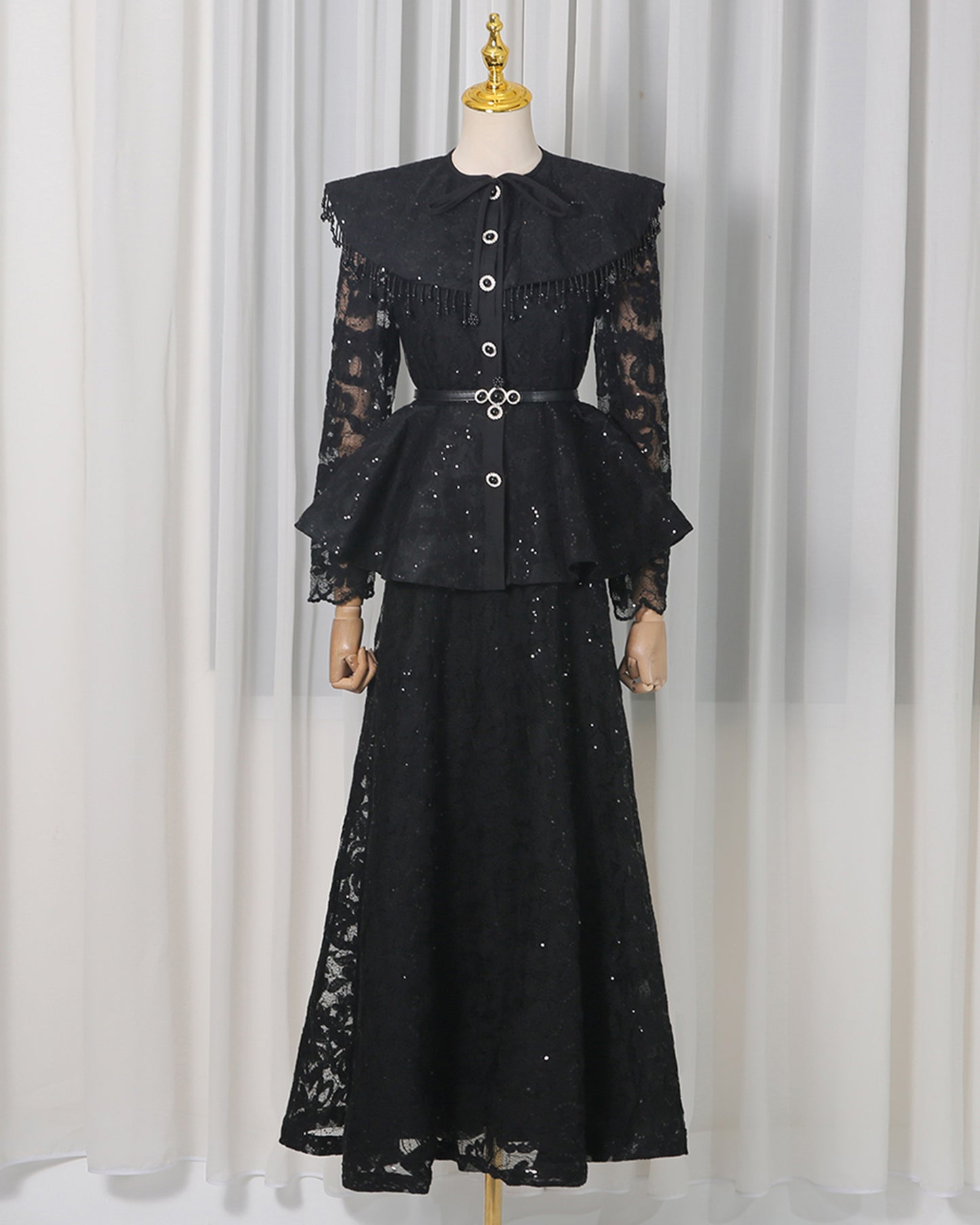 Black Sparkle Lace Peplum Skirt Set