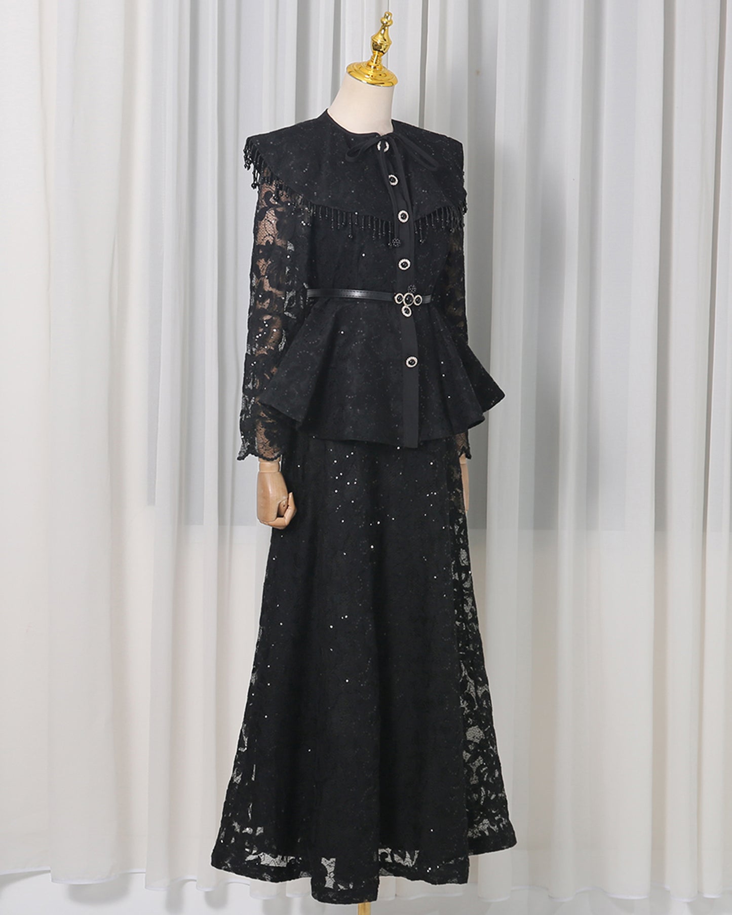 Black Sparkle Lace Peplum Skirt Set