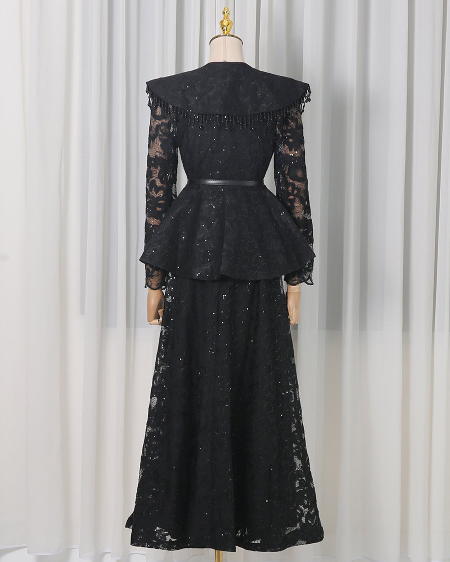 Black Sparkle Lace Peplum Skirt Set