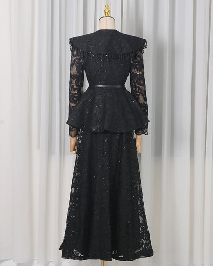 Black Sparkle Lace Peplum Skirt Set