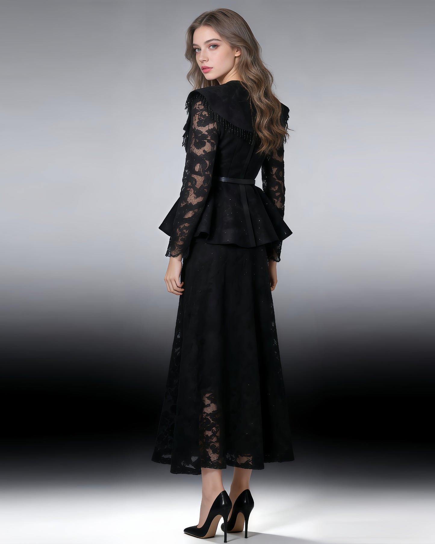 Black Sparkle Lace Peplum Skirt Set