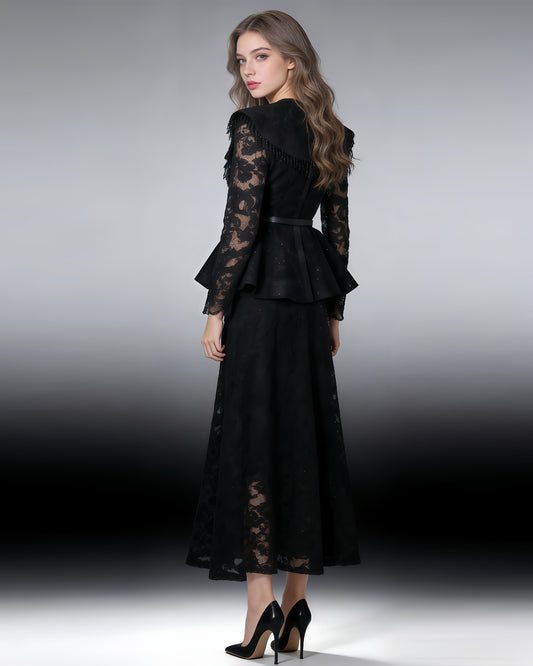 Black Sparkle Lace Peplum Skirt Set