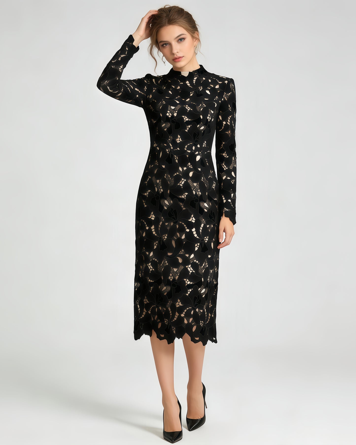 Black Stand Collar Lace Midi Dress