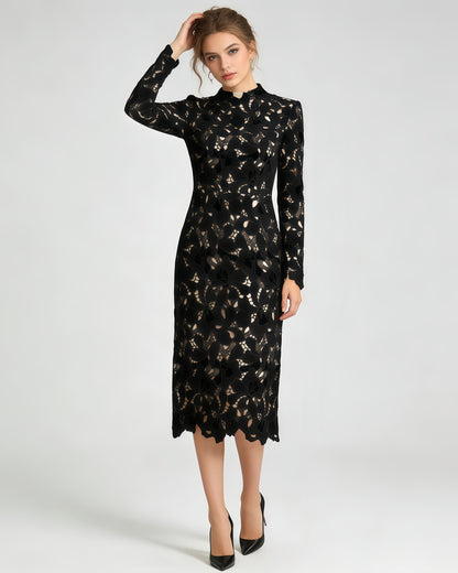 Black Stand Collar Lace Midi Dress