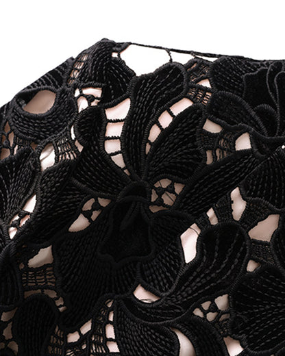 Black Stand Collar Lace Midi Dress