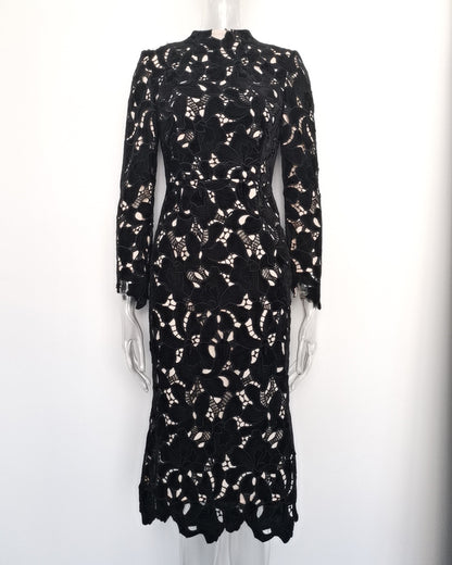 Black Stand Collar Lace Midi Dress