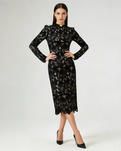Black Stand Collar Lace Midi Dress