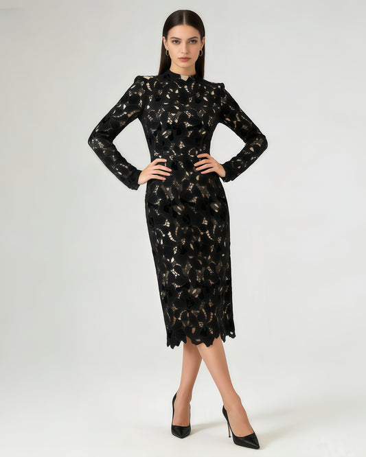 Black Stand Collar Lace Midi Dress