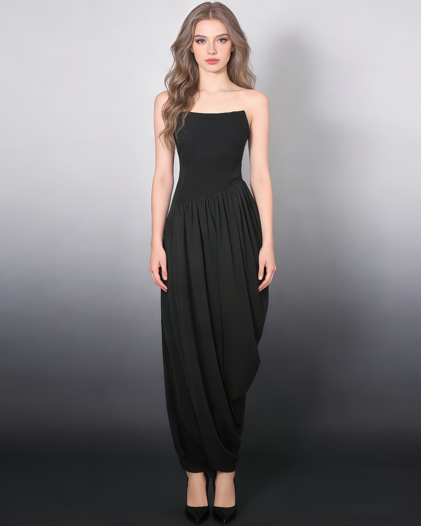 Black Strapless Asymmetric Maxi Dress
