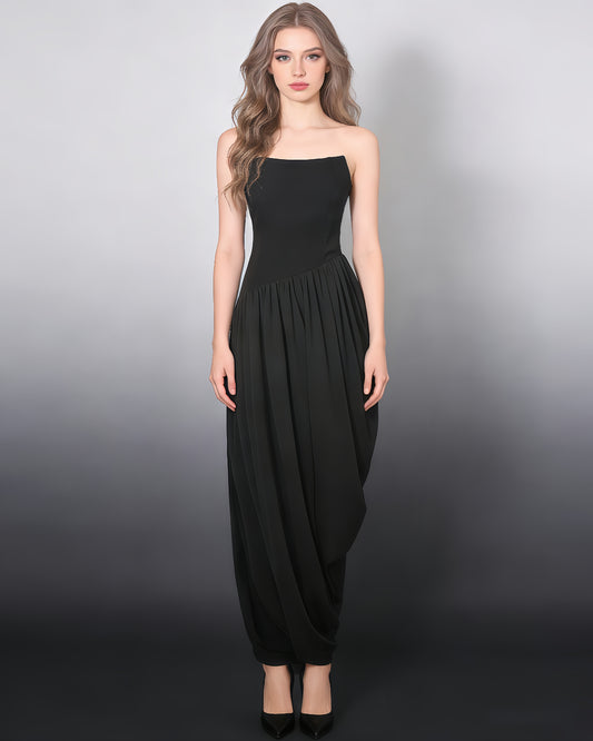 Black Strapless Asymmetric Maxi Dress