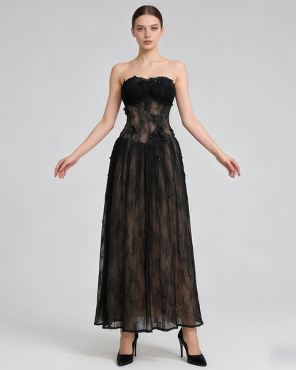 Black Strapless Butterfly Lace Midi Dress