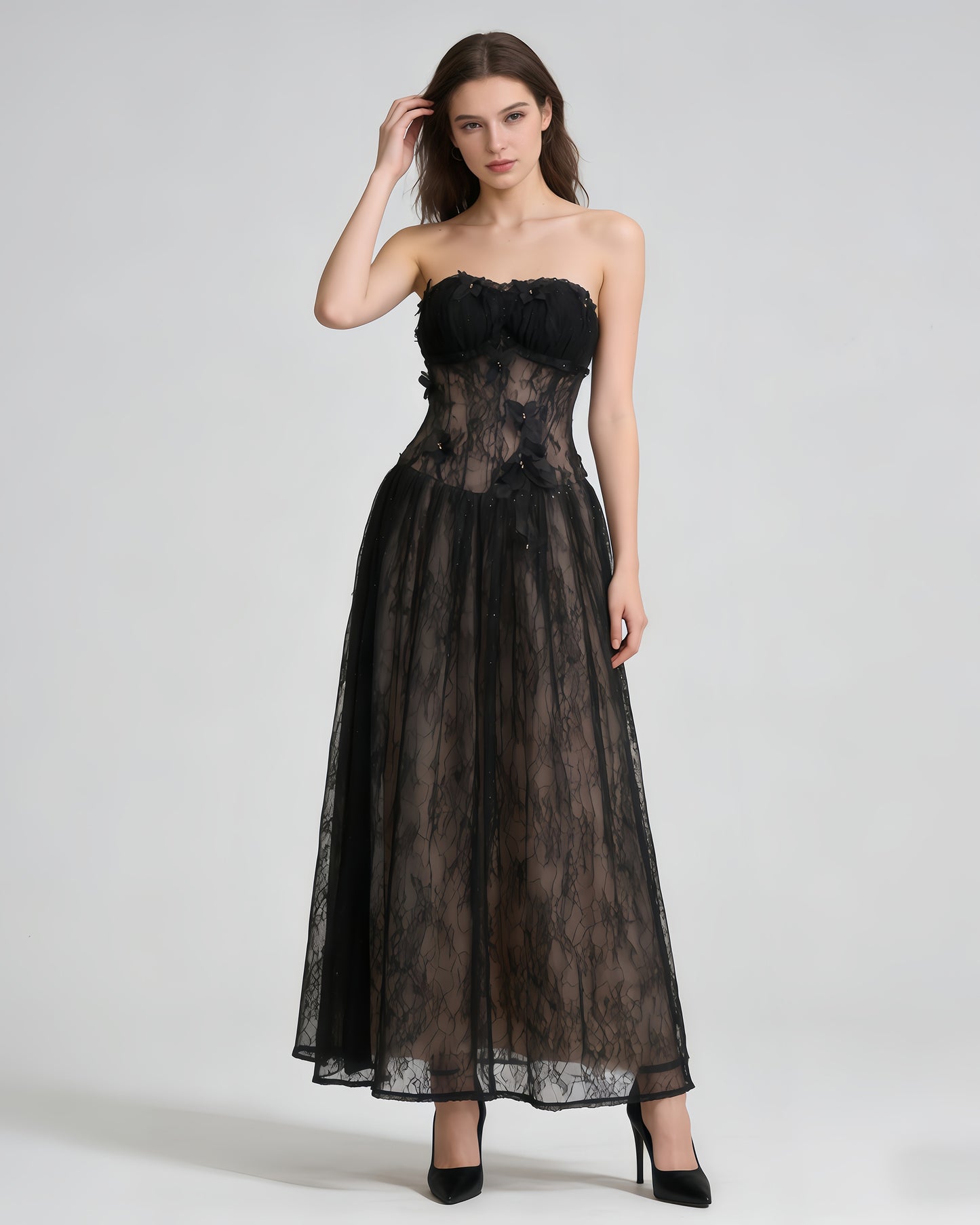 Black Strapless Butterfly Lace Midi Dress