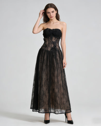 Black Strapless Butterfly Lace Midi Dress
