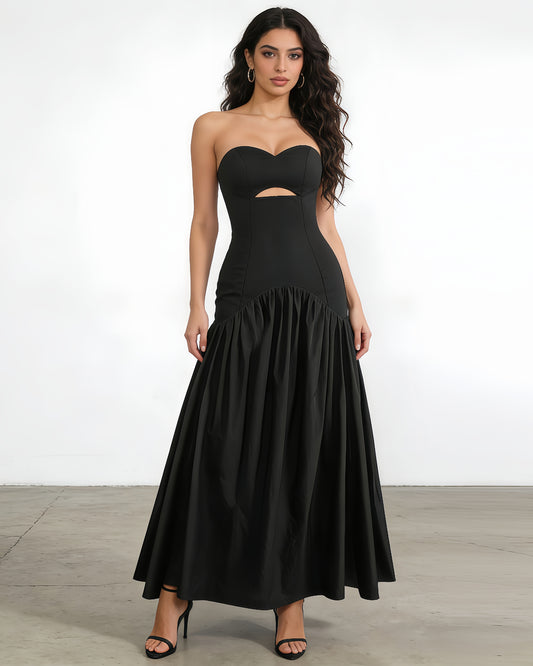 Black Strapless Cutout Ruched Maxi Dress