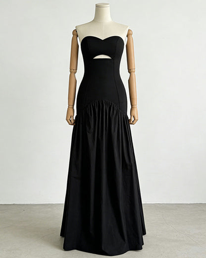 Black Strapless Cutout Ruched Maxi Dress