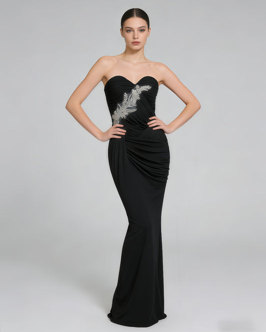 Black Strapless Embroidered Ruched Mermaid Gown