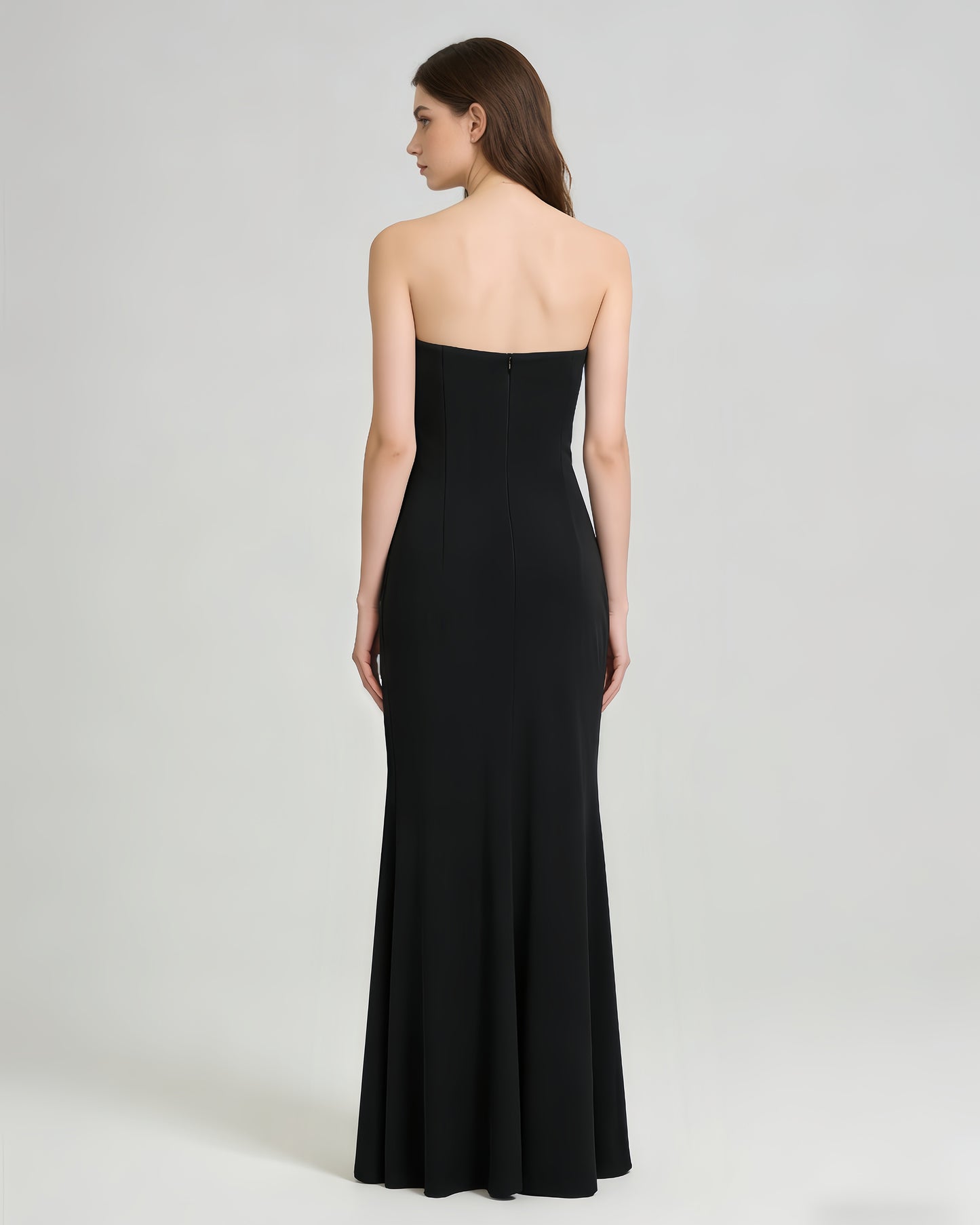 Black Strapless Embroidered Ruched Mermaid Gown