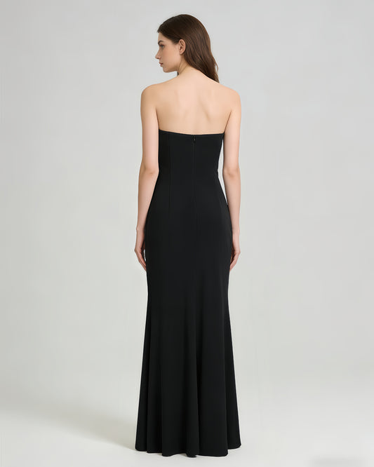 Black Strapless Embroidered Ruched Mermaid Gown