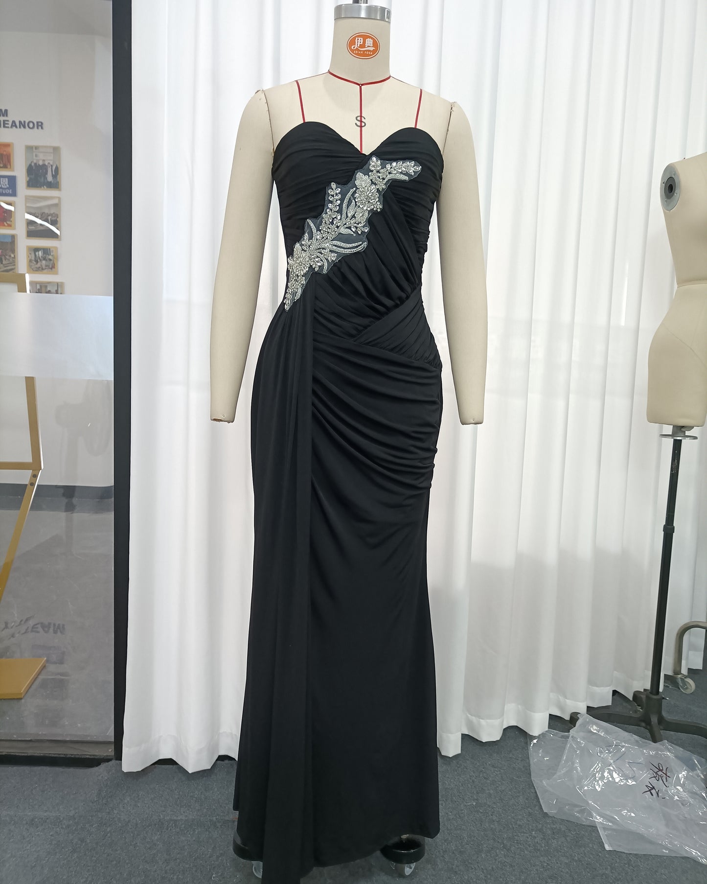 Black Strapless Embroidered Ruched Mermaid Gown