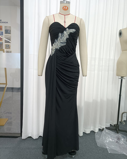 Black Strapless Embroidered Ruched Mermaid Gown