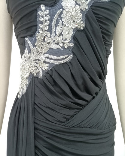 Black Strapless Embroidered Ruched Mermaid Gown