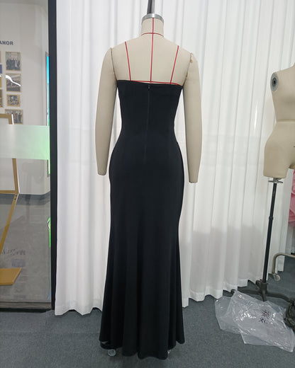Black Strapless Embroidered Ruched Mermaid Gown