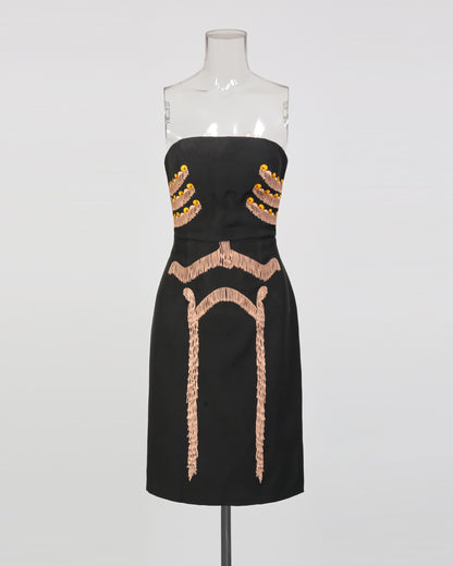 Black Strapless Fringe Embellished Mini Dress