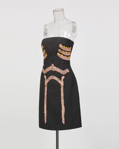 Black Strapless Fringe Embellished Mini Dress