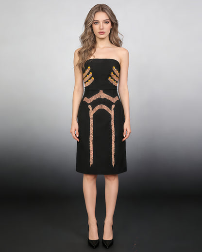 Black Strapless Fringe Embellished Mini Dress