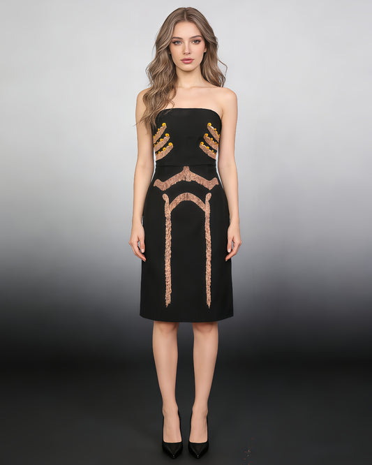 Black Strapless Fringe Embellished Mini Dress