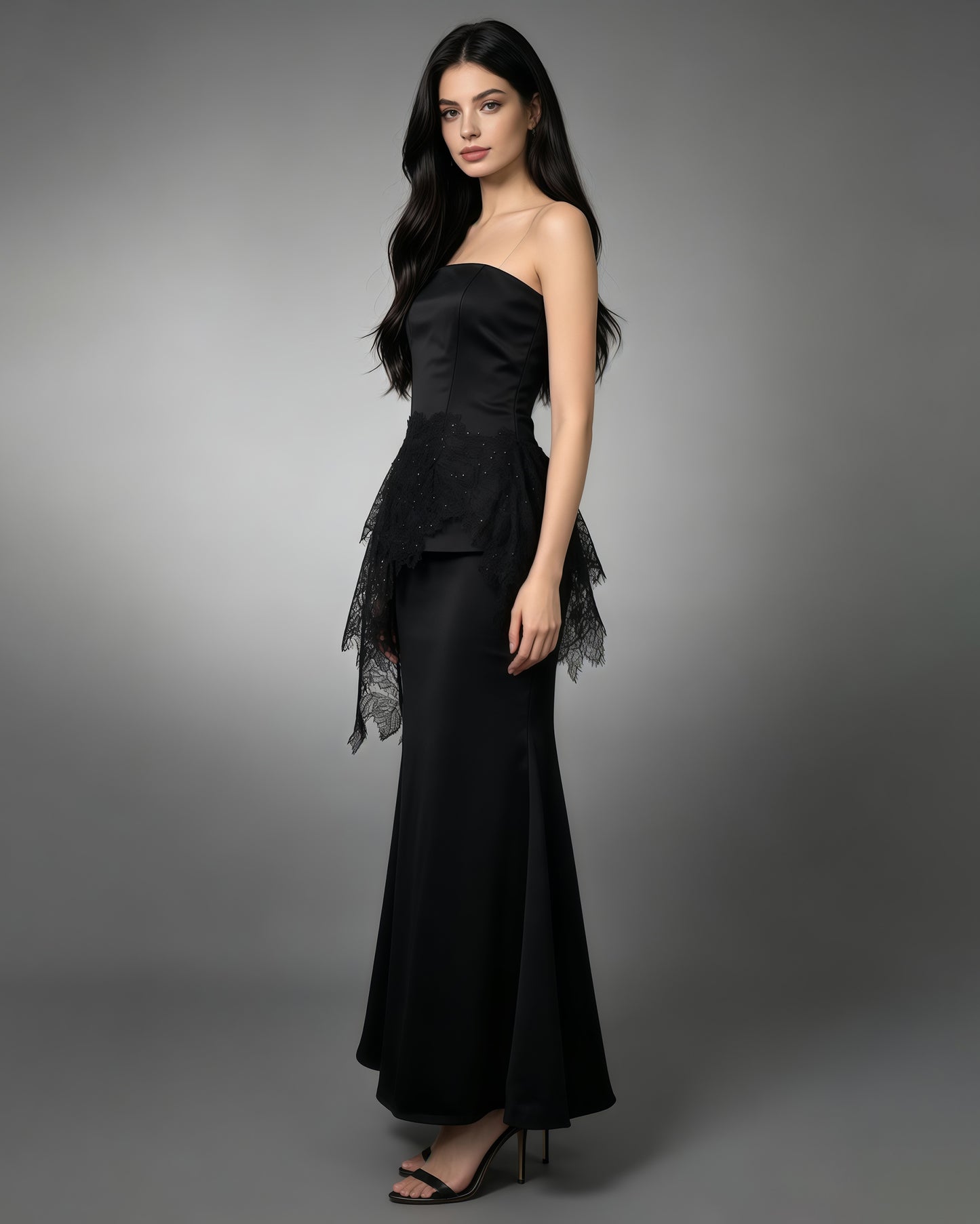 Black Strapless Lace Rhinestone Set