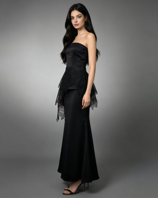Black Strapless Lace Rhinestone Set