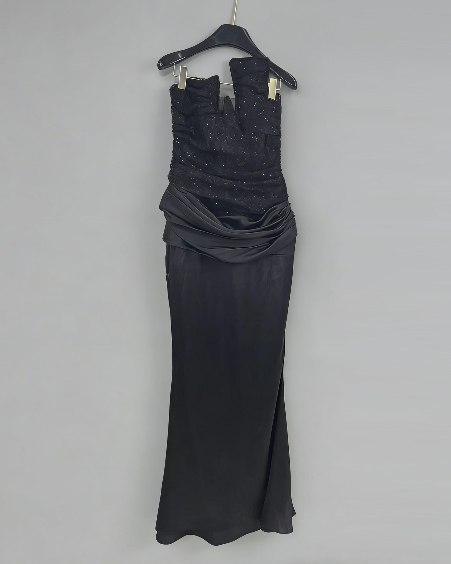 Black Strapless Sequin Ruched Satin Maxi Dress