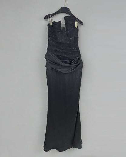 Black Strapless Sequin Ruched Satin Maxi Dress