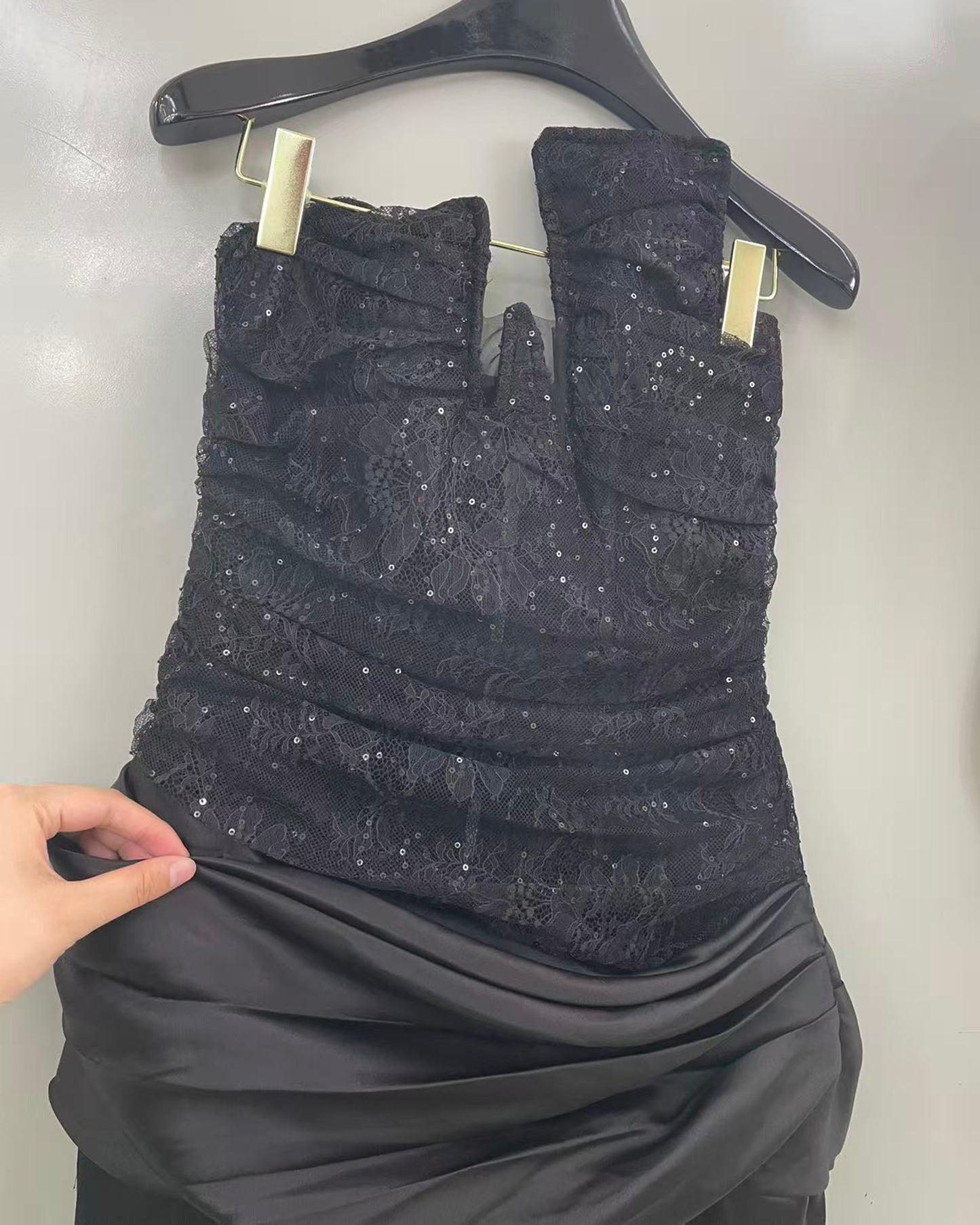 Black Strapless Sequin Ruched Satin Maxi Dress