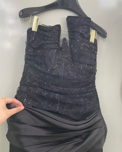 Black Strapless Sequin Ruched Satin Maxi Dress