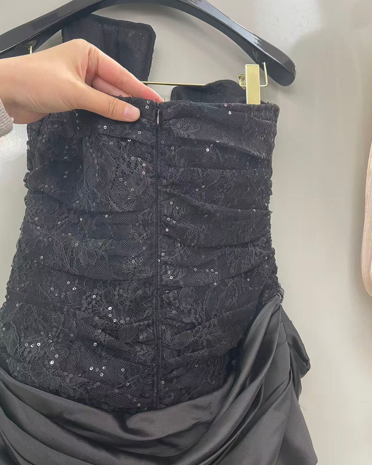 Black Strapless Sequin Ruched Satin Maxi Dress