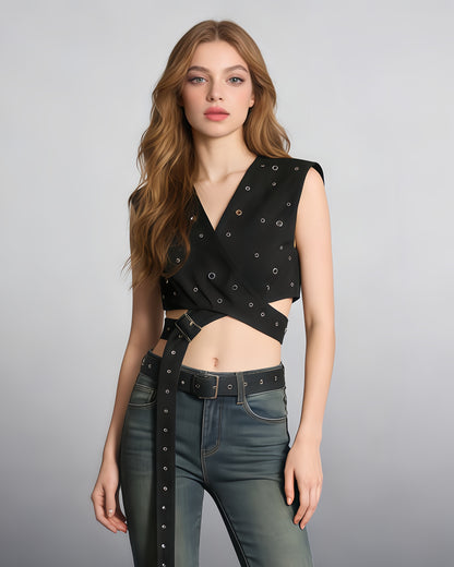 Black Studded Buckle Wrap Vest