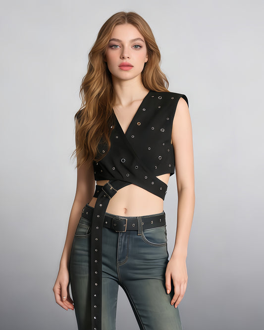 Black Studded Buckle Wrap Vest